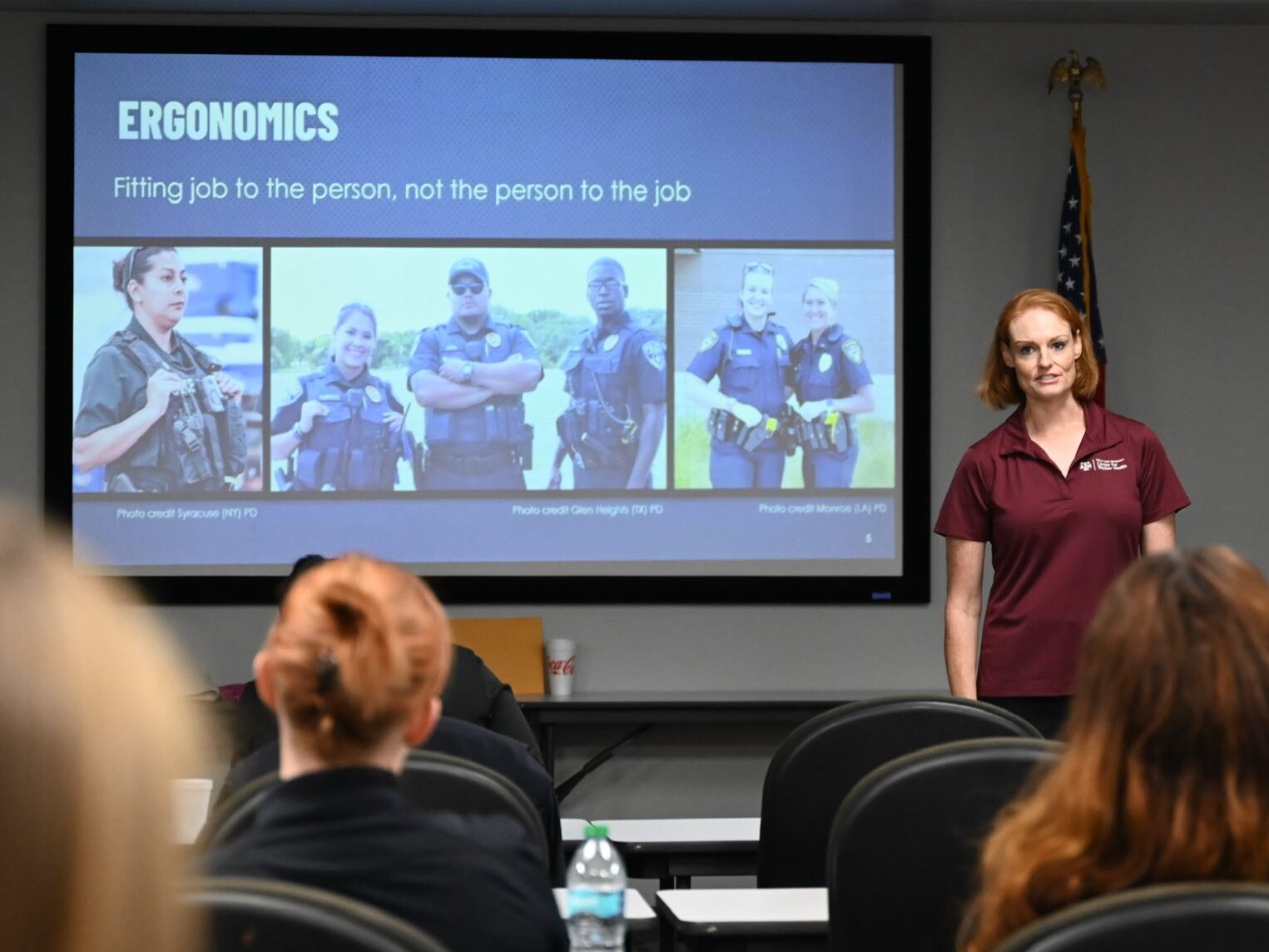 Andrea Porter speaking to law enforcement officers